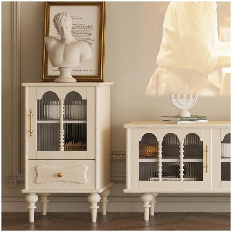 Traditional French Oak Striped Glass Arched Door Roman Column Rectangular Side Table 2/3 Tier Cabinet For Living Room