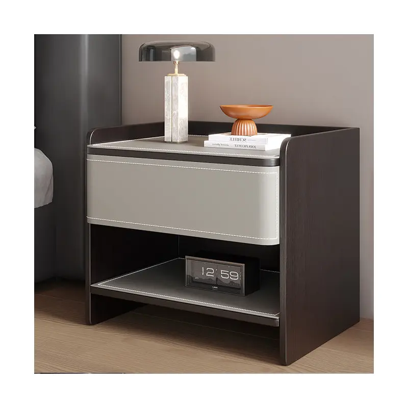 Contemporary Coastal Rectangular Solid Wood Faux Saddle Leather Nightstand 1-Drawer For Bedroom