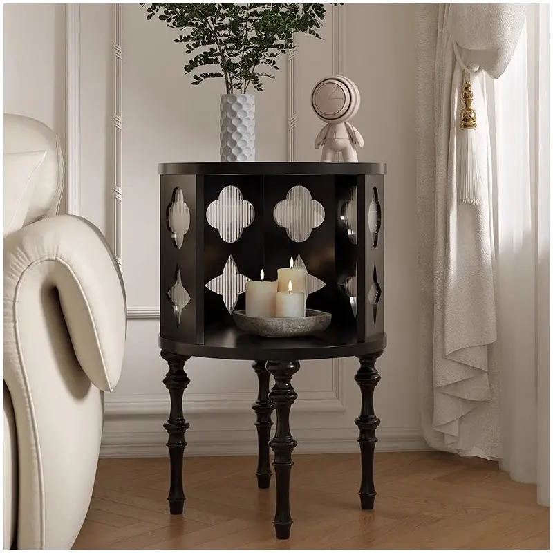 Modern Mid-Century Round Table Top Glass Solid Wood Side Table 1-Cabinet For Living Room