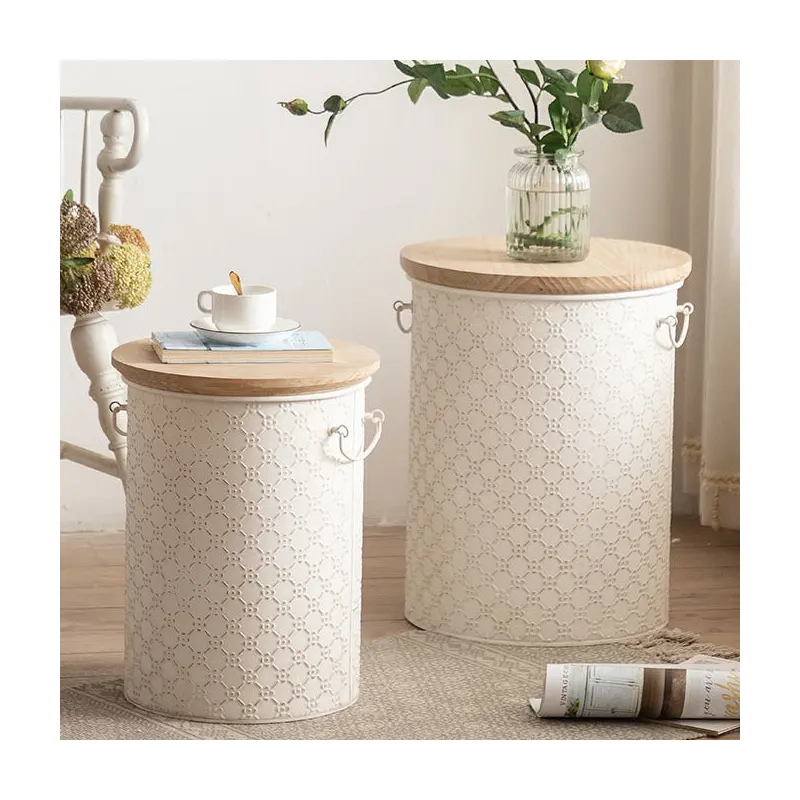 Traditional French Cylinder Iron Solid Wood Side Table 1-Storage For Living Room