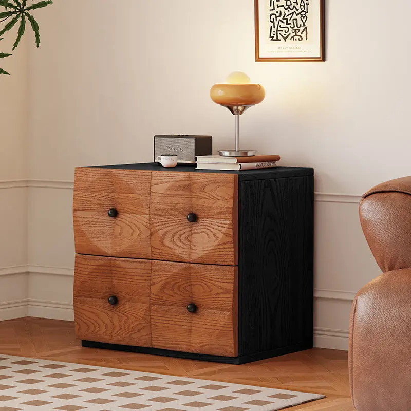 Contemporary Retro Square Cube Storage Cabinet Solid Wood Hardware Side Table 2 - Drawer For Living Room