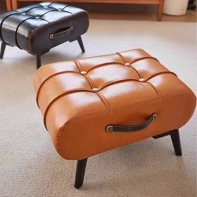 Modern Minimalist Portable Square Rectangle Metal Artificial Leather Low Stool Chair For Living Room