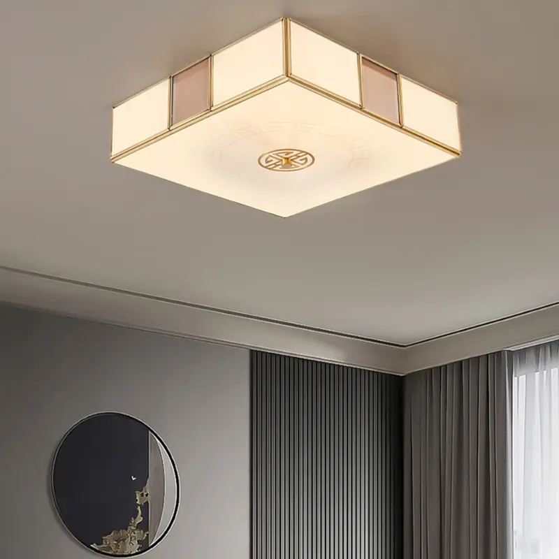 Traditional Chinese Square Lattice Glass Iron Copper LED Flush Mount Ceiling Light For Bedroom