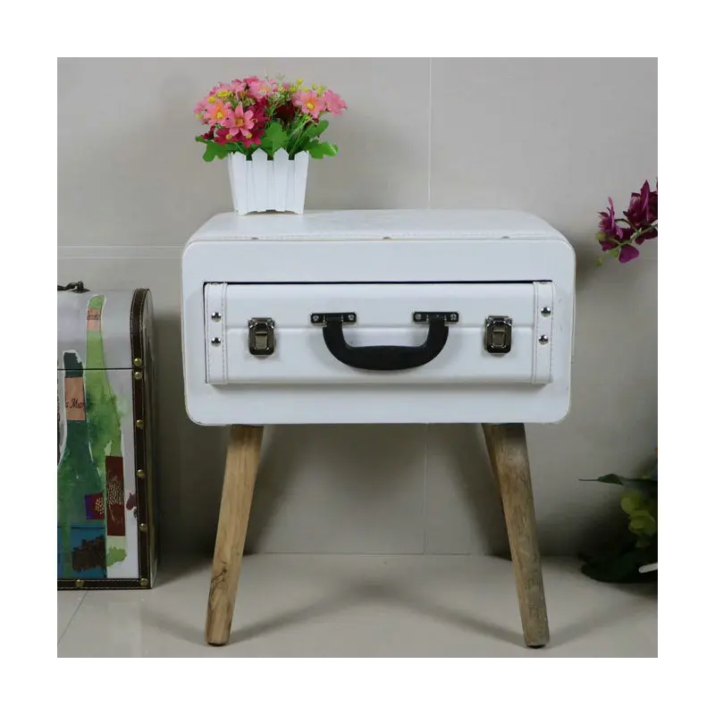 Traditional Vintage Rectangular Cube Box Artificial Board PU Leather Side Table 1 - Drawer For Living Room