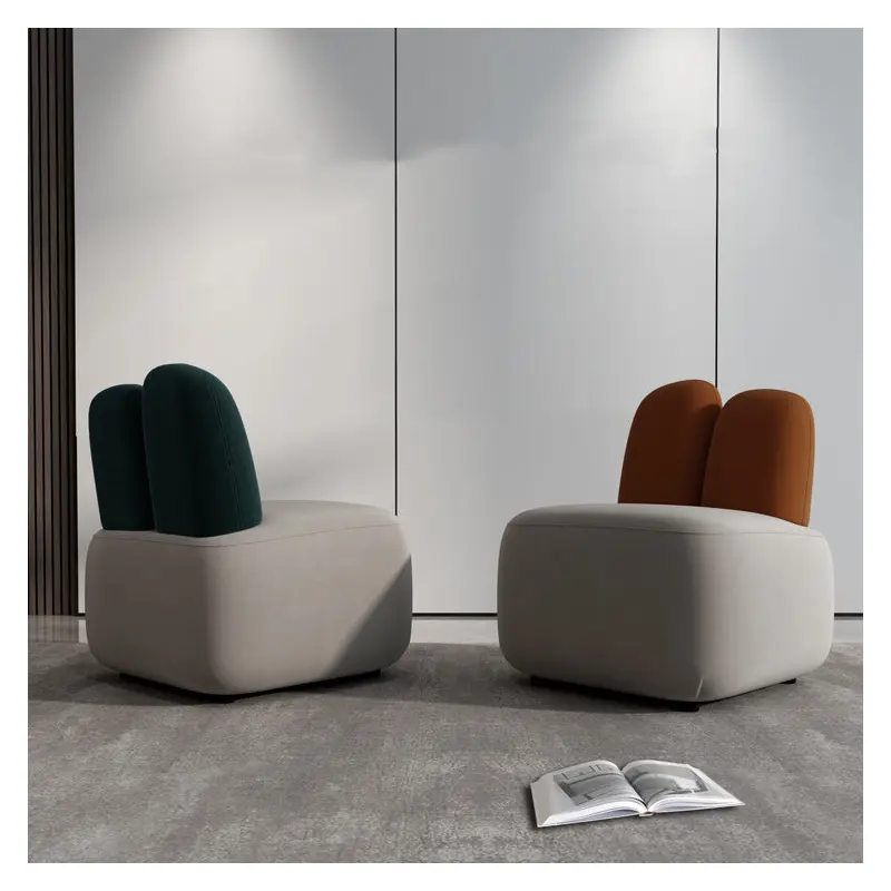 Contemporary Creative Square Houndstooth Fabric PU Leather Upholstered Accent Chair Rabbit Ear Back For Living Room