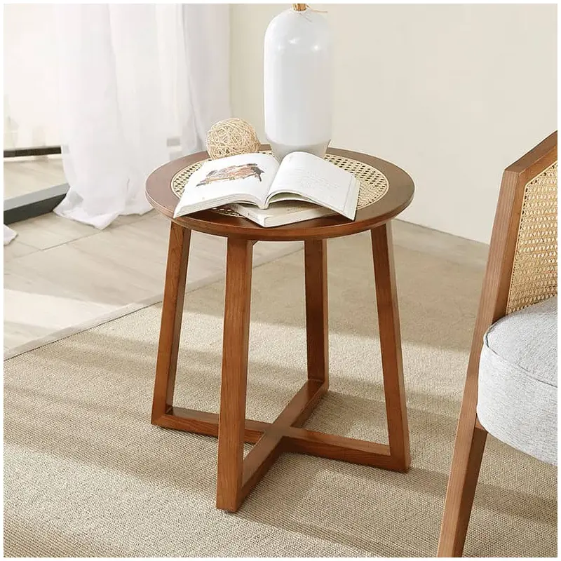 Traditional Japanese Rattan Round Top Ash Wood Side Table For Living Room