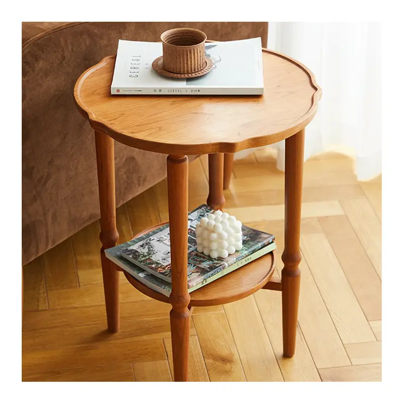 Traditional Japanese Solid Wood Round Top End Table 2-Tier Storage Shelves For Living Room