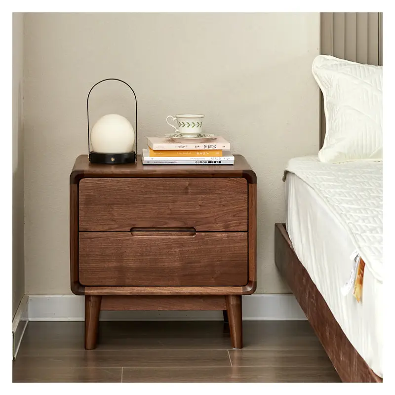 Traditional Vintage Black Walnut Square Rectangular Nightstand 2-Drawers For Bedroom