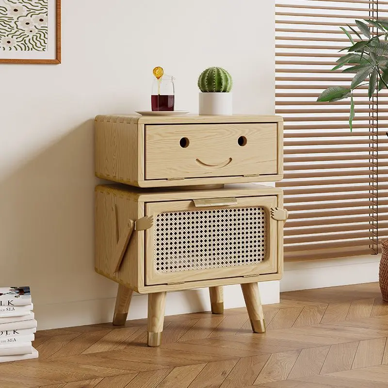 Contemporary Creative Rotatable Kids Robot Rectangular Cubic Ash Rattan Hardware Nightstand 2 - Cabinet For Bedroom