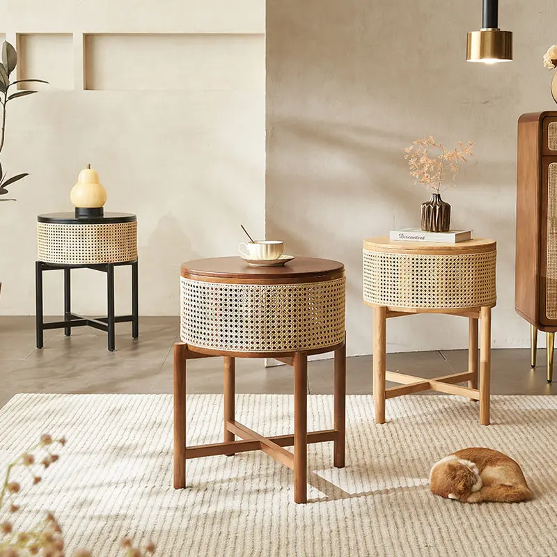 Traditional Vintage Round Rattan Weaving Solid Wood Frame End Table 1-Storage Cabinet For Living Room