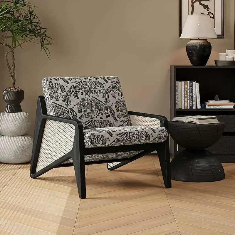 Traditional French Weaving Rattan Rubber Wood Fabric Square Jacquard Accent Chair Backrest Armrest For Living Room