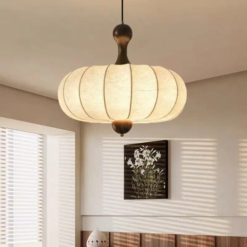 Traditional Vintage Faux Silk Solid Wood Metal Striped Flat Round 1-Light Pendant Light For Bedroom & Living Room