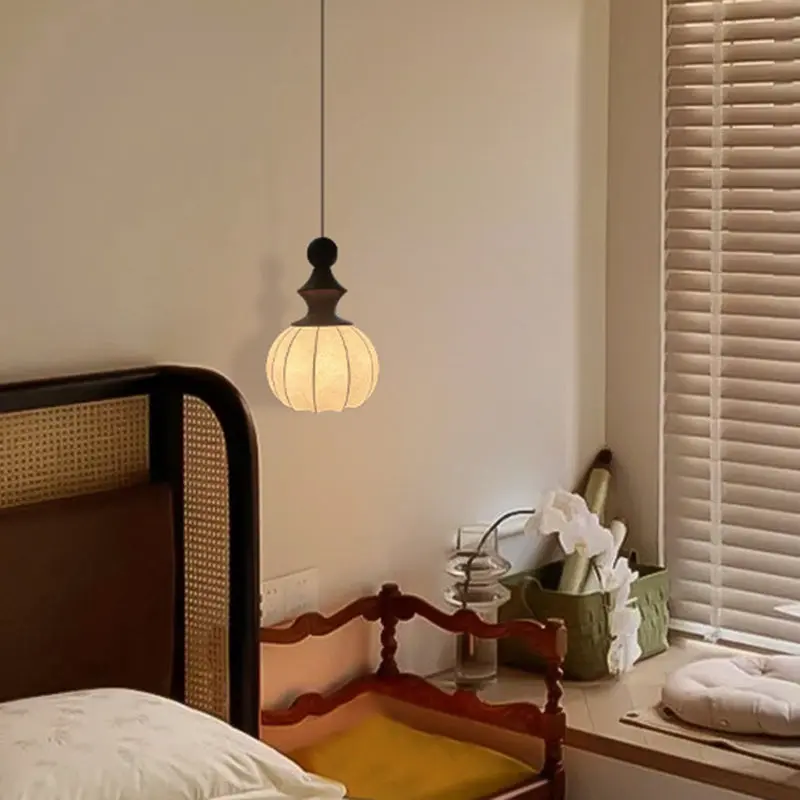 Traditional Vintage Silk Fabric Solid Wood Metal Round Pendant Light 1-Light For Bedroom & Living Room
