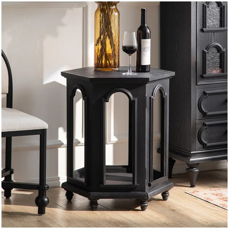 Modern Mid-Century Hollowed Arch Design Black Solid Wood Side Table 1-Storage For Living Room