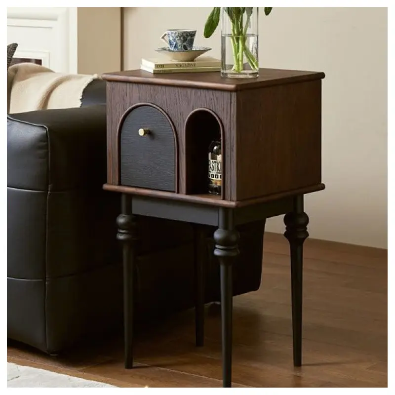 Modern Mid-Century Solid Wood Black Side Table With Slim Legs 1-Cabinet For Living Room