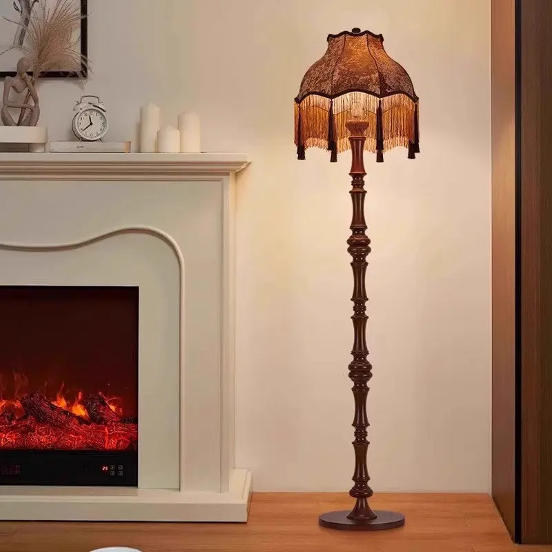 Traditional European Fabric Tassel Shade Solid Wood Rod 1-Light Standing Floor Lamp For Bedroom
