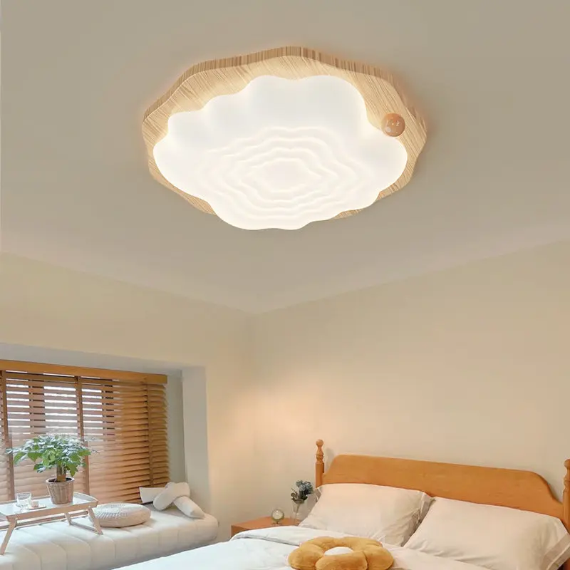 Traditional Japanese Imitation Wood Grain PVC Cloud Shade LED Flush Mount Ceiling Light For Living Room