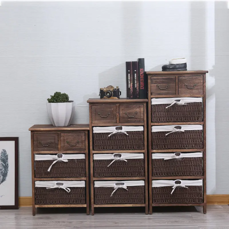 Traditional Vintage Rectangle Cube Storage Cabinet Paulownia Wood Hardware Rattan Weaving Side Table 3/4/5 - Tier For Living Room