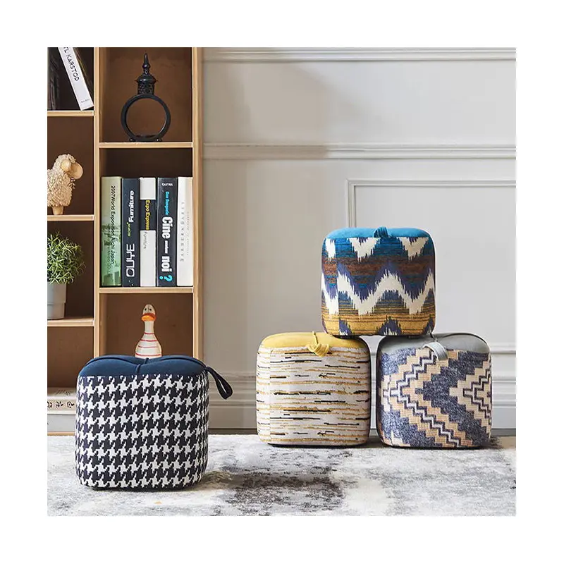 Contemporary Boho Flannel Cube Solid Wood Frame Stackable Low Stool For Living Room
