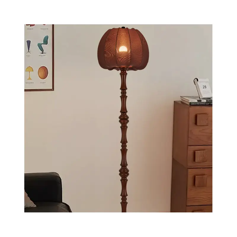 Traditional Vintage Fabric Pumpkin Shade Solid Wood 1-Light Standing Floor Lamp For Bedroom