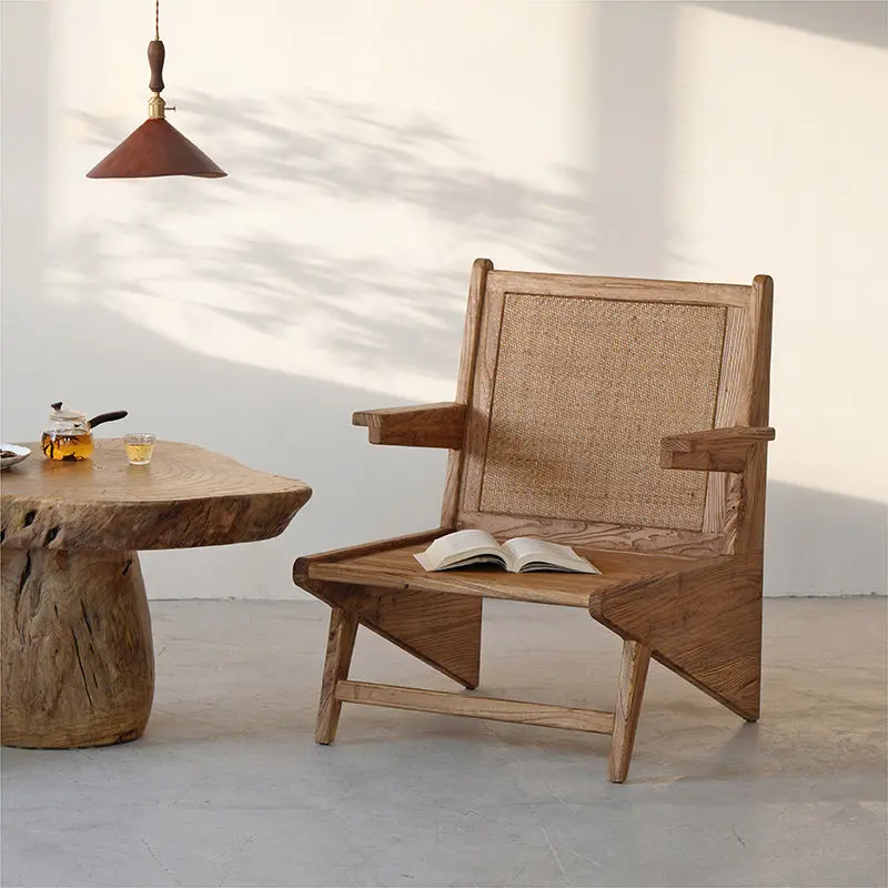 Traditional Japanese Weaving Weathered Wood & Rattan Accent Chair Lounge Chair With Backrest And Armrests For Balcony & Living Room Seating