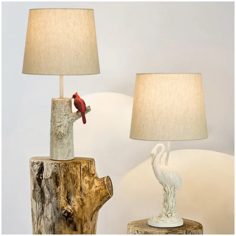 Traditional Vintage Resin & Fabric Column Branch Red Bird & White Crane 1-Light Table Lamp For Bedroom & Living Room