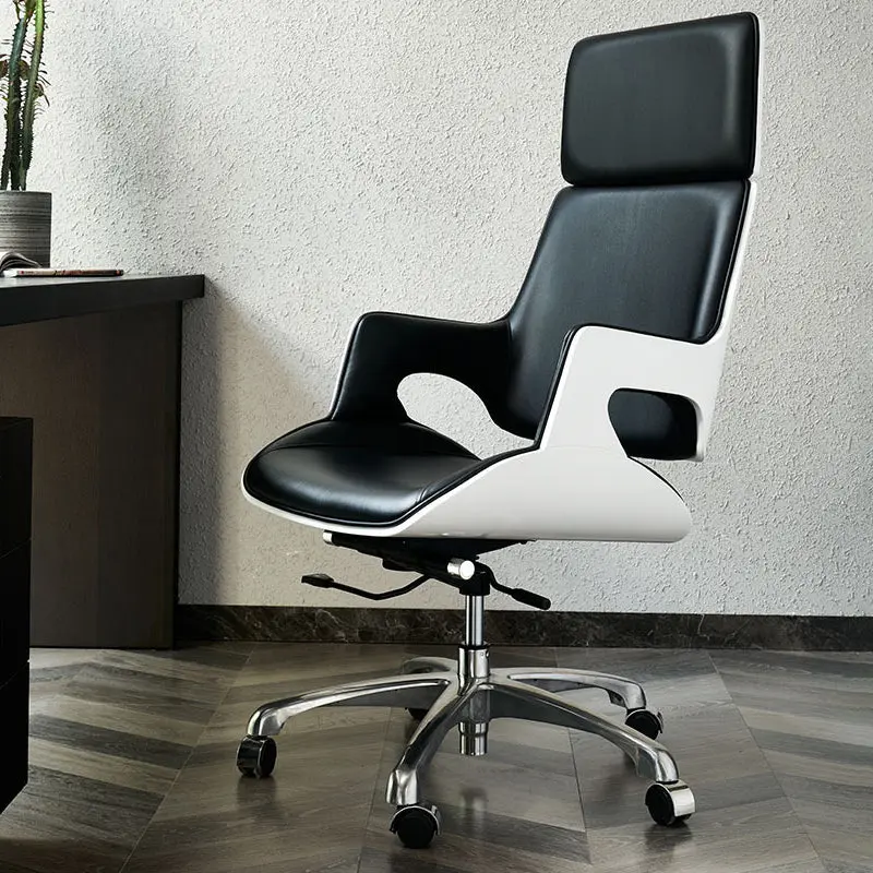 Contemporary Nordic Microfiber & Genuine Leather Steel Aluminum Alloy Rectangular Desk Chair Adjustable Height Rotating With Headrest Backrest Armrests For Home Office And Study