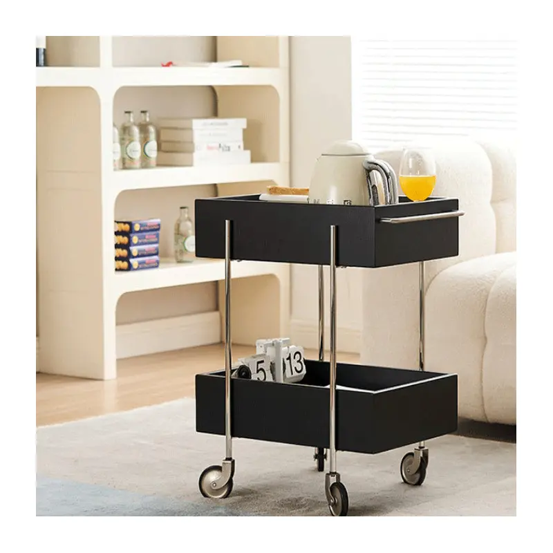 Traditional Chinese Solid Wood Metal Rectangular Movable End Table 2-Tier For Bedroom & Living Room