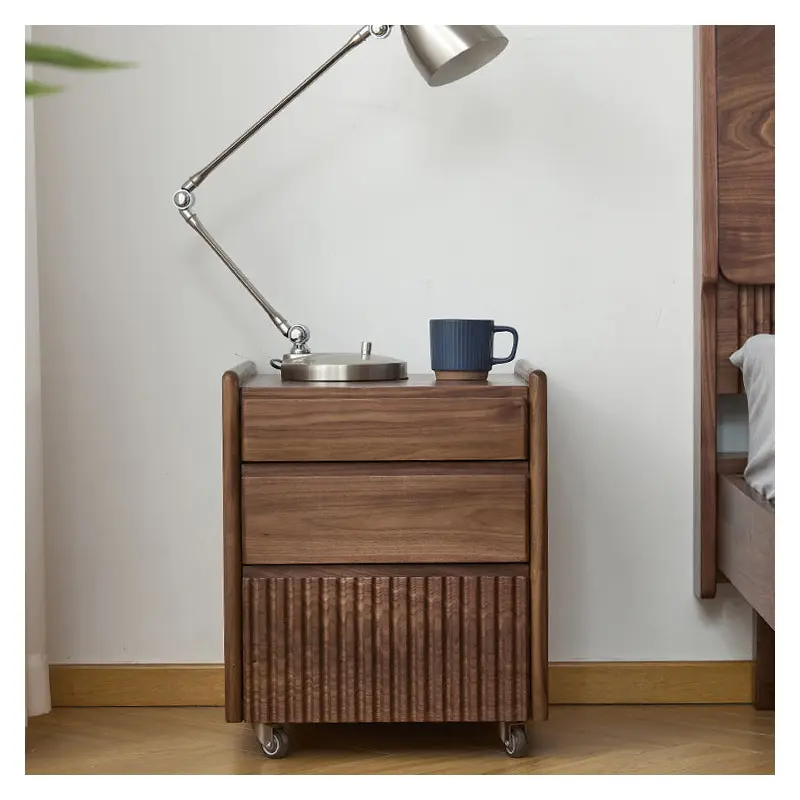 Traditional Vintage Walnut Rectangular Piano-Key Movable Nightstand 3-Drawers For Bedroom