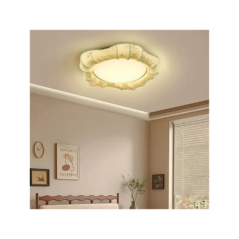 Traditional French Floral Fabric Shade Iron LED Dimmable Flush Mount Ceiling Light For Bedroom