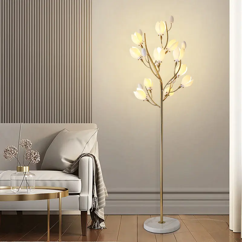 Contemporary Creative Iron & Ceramic Magnolia-Shaped 12-Light Standing Floor Lamp For Bedroom & Living Room