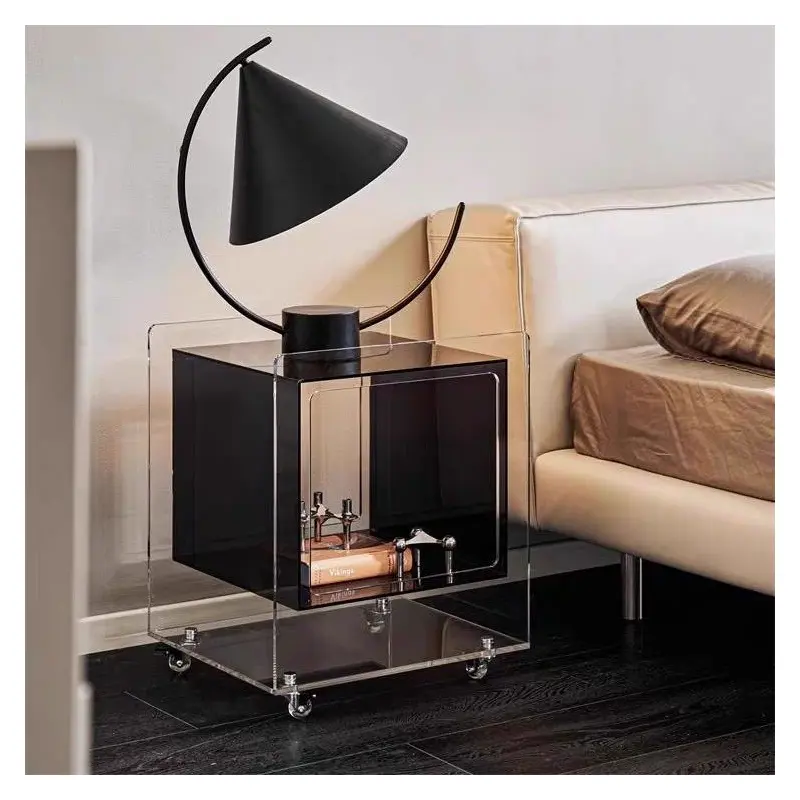 Modern Minimalist Acrylic Cube Side Table With Wheels For Bedroom & Living Room