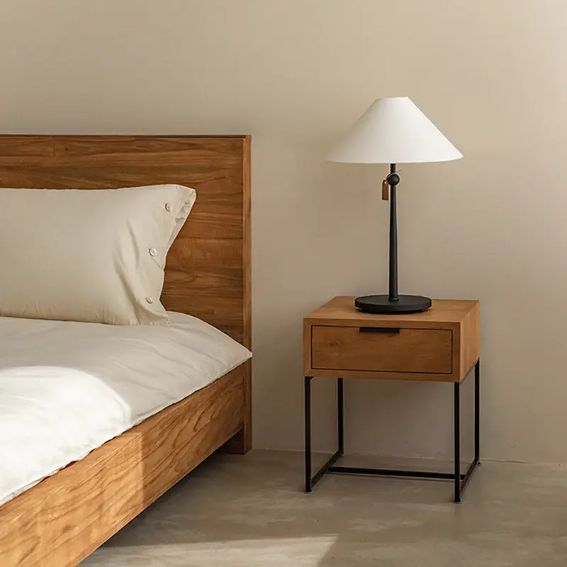 Traditional Japanese Solid Wood Iron Base Rectangular Nightstand 1-Drawer For Bedroom