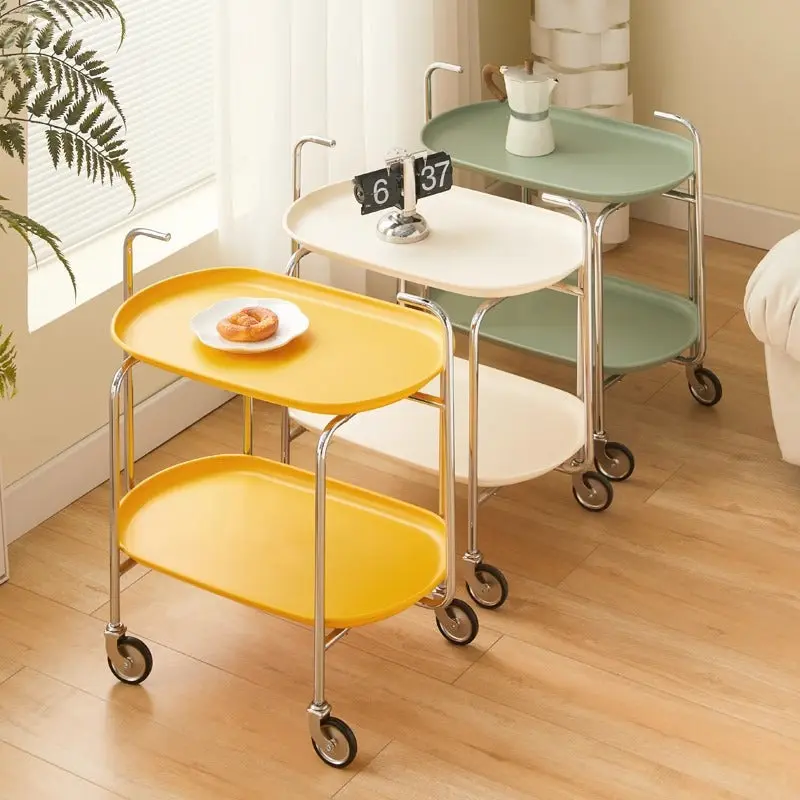Contemporary Nordic ABS & Carbon Steel Oval Movable Side Table 2-Tier With Wheels & Handles For Living Room & Bedroom