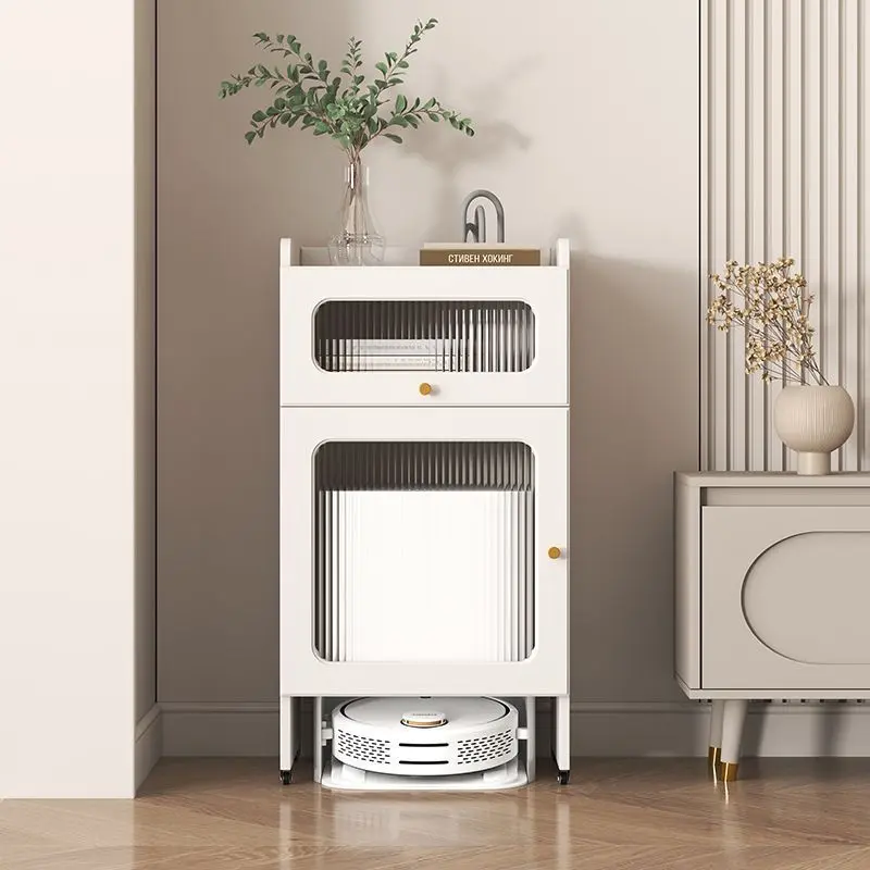 Contemporary Nordic Striped Glass Slab And Board Side Table 1/2 Cabinet With Silent Wheels For Living Room