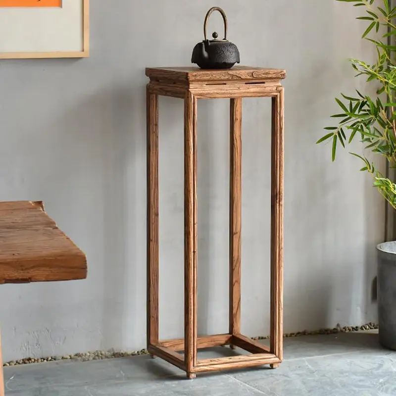 Traditional Vintage Solid Wood Square Side Table Plant Shelf With Natural Texture For Living Room & Balcony