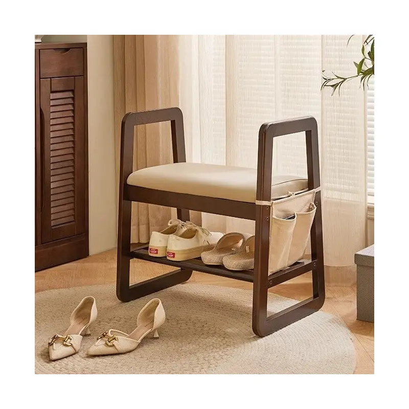 Modern Minimalist Leather Solid Wood Trapezoid Bench Shoe Stool With Armrest 1-Shelf For Living Room