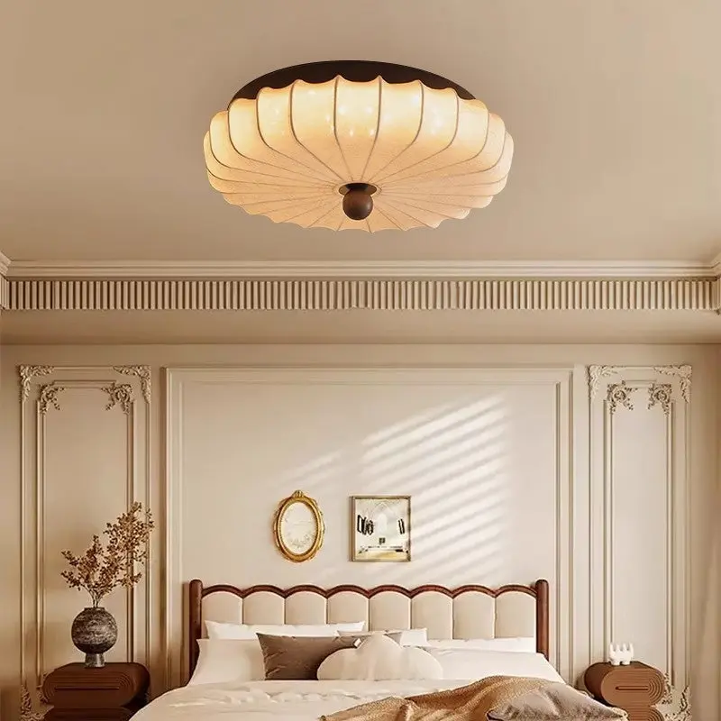 Traditional Chinese Fabric Ash Wood Ruffled Flat Round LED Flush Mount Ceiling Light For Bedroom & Living Room