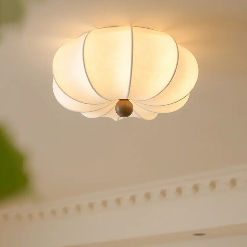 Traditional Chinese Silk Wood Pumpkin-Shaped LED Flush Mount Ceiling Light For Bedroom & Living Room