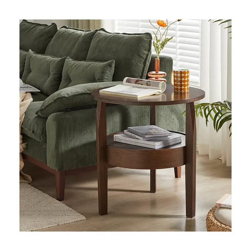 Traditional Japanese Solid Wood Round End Table 2-Tier For Living Room