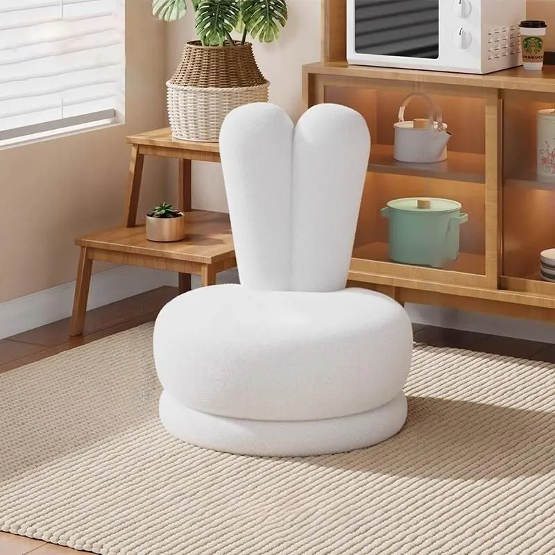 Contemporary Creative Round Rabbit Ears Bow Swivel Lambswool Solid Wood Low Stool Backrest Armless For Living Room