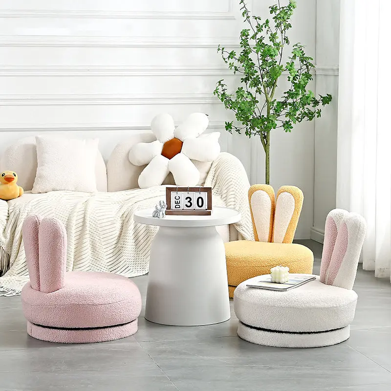 Contemporary Creative Round Rabbit Ears Swivel Lambswool Solid Wood Low Stool Backrest Armless For Living Room