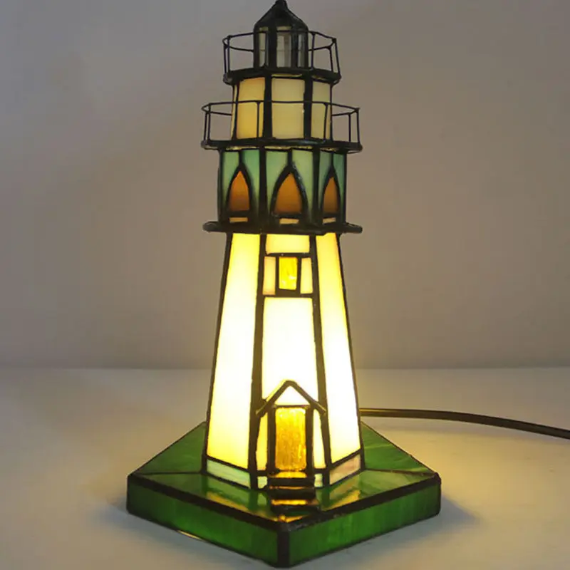 Traditional Tiffany Stained Glass Lighthouse Hardware 1-Light Table Lamp For Bedroom