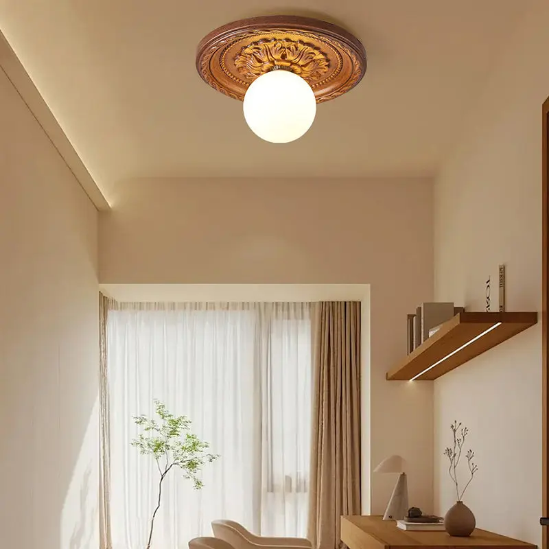 Traditional French Resin Plastic Engraved Floral Round 1-Light Flush Mount Ceiling Light For Hallways