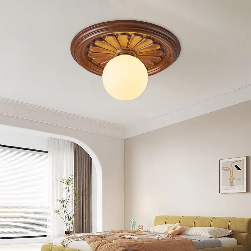 Traditional French Resin Plastic Round Carved Leaf Globe 1-Light Flush Mount Ceiling Light For Hallways