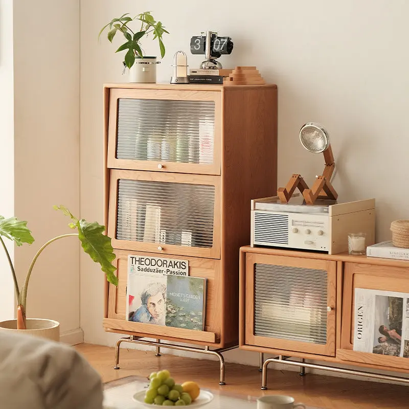 Contemporary Scandinavian Pine Glass Stainless Steel Metal Curved Rectangle Side Table 3-Storage For Living Room & Dining Room