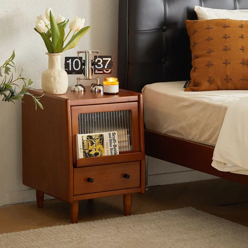 Traditional Vintage Pine Glass Rounded Trapezoid Nightstand 2-Drawer For Bedroom