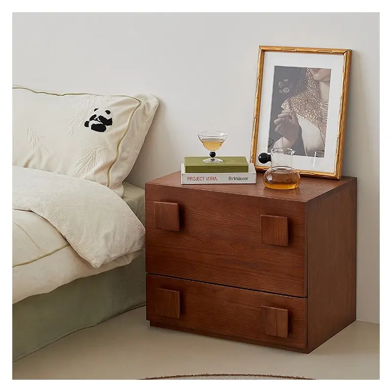 Traditional Vintage Solid Wood Square Rectangular Side Table With 2 Drawers For Bedroom & Living Room