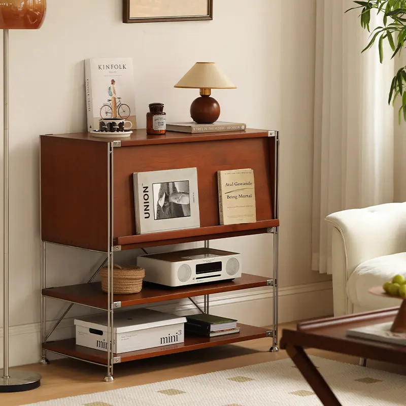 Modern Mid-Century Wooden And Stainless Steel Rectangular Side Table 1-Cabinet For Living Room