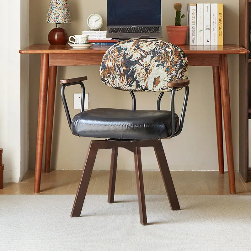 Contemporary Retro Faux Leather Carbon Steel Sunflower Floral Swivel Desk Chair Backrest Armrest For Study